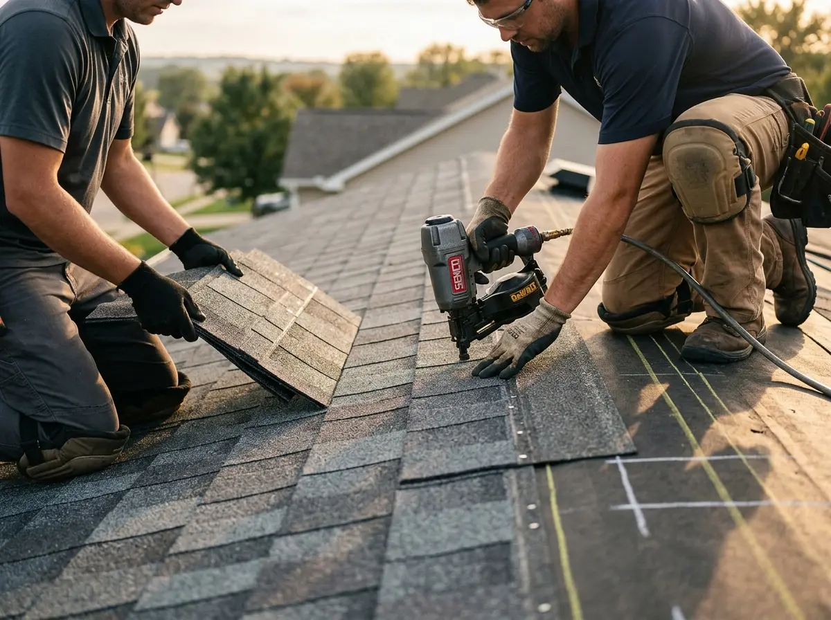 Professional roofer working on a residential roof in Zephyrhills West